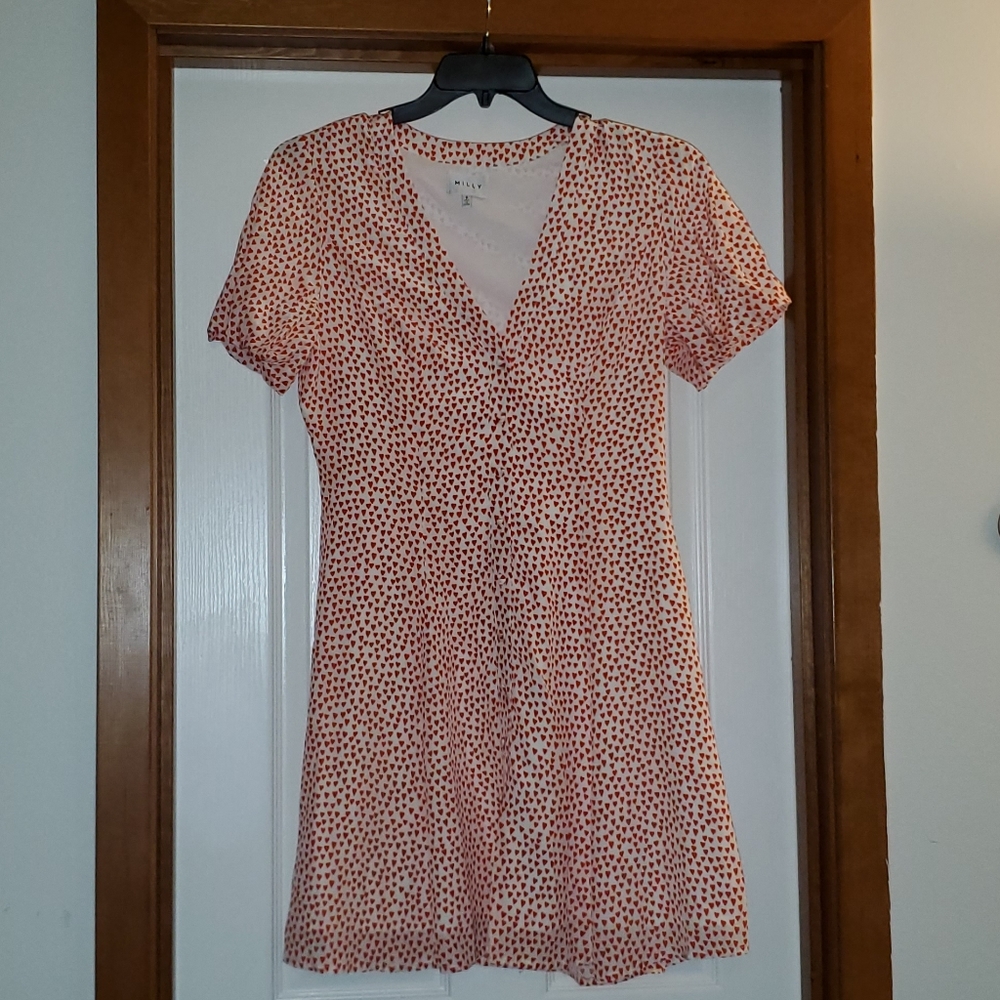 Milly Heart Print Silk Aspen Dress Zooey Deschanel - Picture 3 of 13